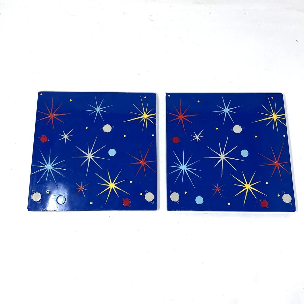 Vintage Atomic Starburst Tile Set Square Blue‎ Gloss Trivets Planets MCM 7 9/16"